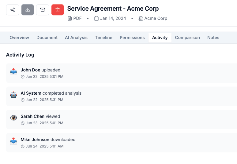 Version history and audit trail interface showing document changes and timestamps
